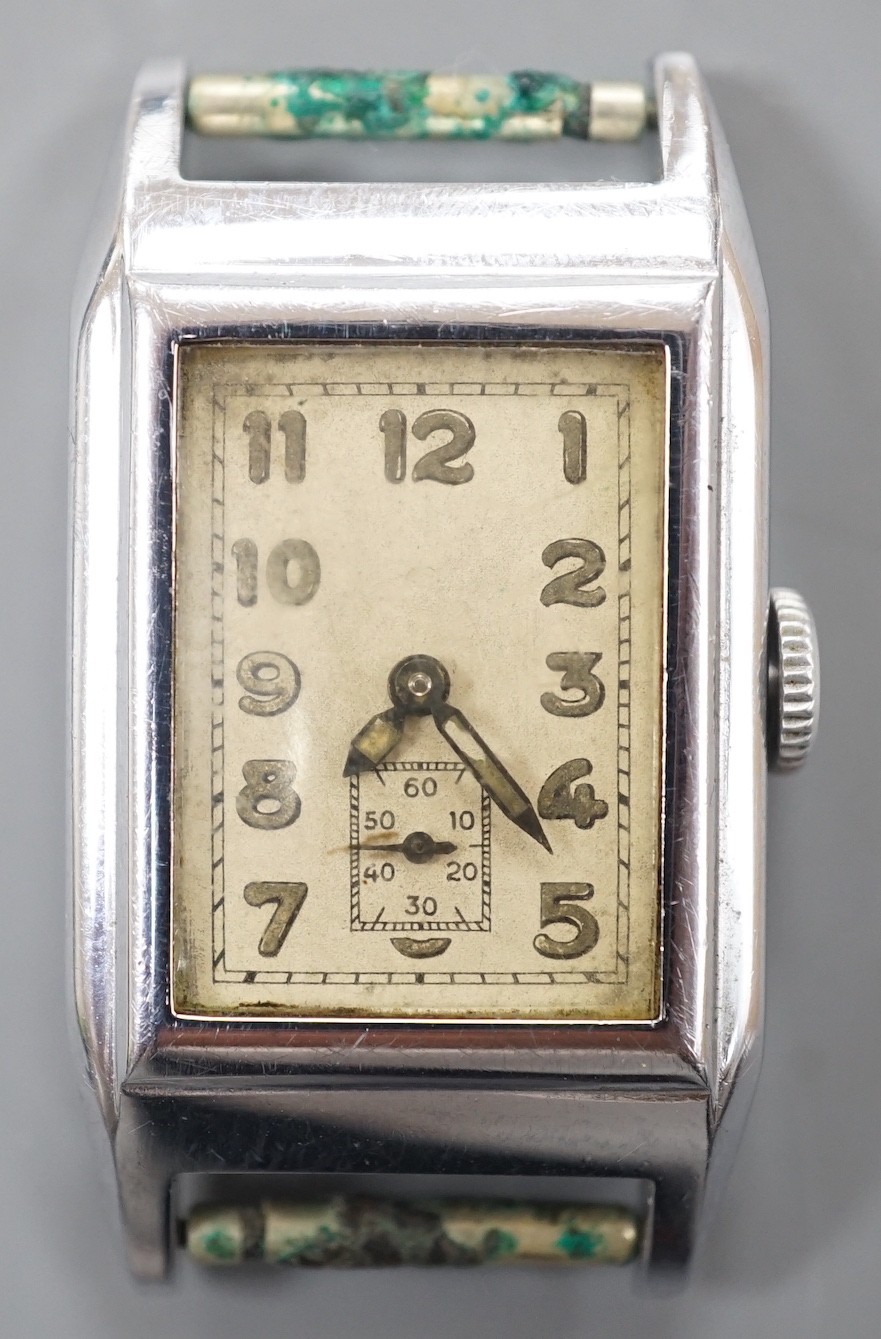 A gentleman's Swiss 1940's? stainless steel manual wind rectangular dial wrist watch, no strap.
